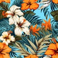 Hibiscus flower and palm pattern.Wild flowers watercolor wallpaper. For fabric design. Created with generative AI tools Royalty Free Stock Photo