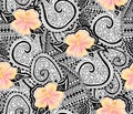 Hibiscus flower and tattoo tribal seamless repeating pattern. Polynesian hawaiian style tribal tattoo and yellow Royalty Free Stock Photo