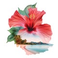 Hibiscus flower and tropical coastal beach landscape. Double exposure. Symbol of tropical island, Hawaii, vacation, travel concept Royalty Free Stock Photo