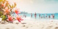 Hibiscus flowers blooming on the beach and people bathing in the background. Royalty Free Stock Photo