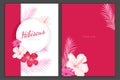 Hibiscus flowers design templates. Red, pink tropical flowers with palm leaves frame. Best for wedding invitations, greeting card