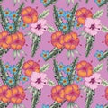 Hibiscus flowers plumeria diferent color seamless pattern