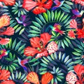 Hibiscus flowers, tropical leaves and hummingbirds illustration. Dark tropical watercolor seamless pattern Royalty Free Stock Photo