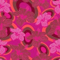 Hibiscus Fluorescent-Flowers in Bloom seamless repeat pattern background in pink,maroon and orange Royalty Free Stock Photo