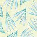 Hibiscus inspired green water colour leaves design on light yellow canvas textured background . Seamless vector pattern