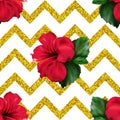 Hibiscus karkade tropical exotic flower glitter geometric zigzag seamless pattern background