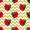 Hibiscus karkade tropical exotic flower glitter geometric zigzag seamless pattern background