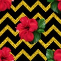 Hibiscus karkade tropical exotic flower glitter geometric zigzag seamless pattern background