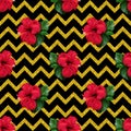 Hibiscus karkade tropical exotic flower glitter geometric zigzag seamless pattern background