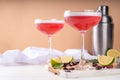 Hibiscus martini drink with ice, lime and mint Royalty Free Stock Photo