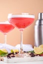 Hibiscus martini drink with ice, lime and mint Royalty Free Stock Photo