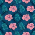 Hibiscus and palm leaf seamless pattern on rhombus black green background Royalty Free Stock Photo
