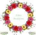 Hibiscus and palm leaves round frame.Tropical plant wreath in vector