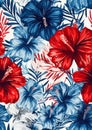 Hibiscus Pattern Red White Blue Deep Closeup Flower Tropical Prints Patriotic City Cortez Clothing Wearing Hawaiian Dress Royalty Free Stock Photo