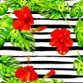 Summer Beach Background. Watercolor Seamless Pattern. Hand Painted Tropic Summer Motif with Monstera and Hibiscus Royalty Free Stock Photo