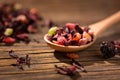 Hibiscus tea. Dry mix of red herbal and fruit tea over wooden surface Royalty Free Stock Photo