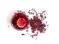 Hibiscus Tea, Dry Rose Drink, Cold Fruit Red Tea in Transparent Mug, Roselle Hibiscus Tea Royalty Free Stock Photo