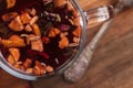 Hibiscus tea with fruit pieces and sugar in glass Royalty Free Stock Photo