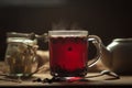 Hibiscus tea with fruit pieces and sugar in glass Royalty Free Stock Photo