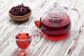 Hibiscus tea in glass teapot and cup Royalty Free Stock Photo
