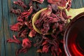 Hibiscus tea. Hibiscus tea in a wooden scoop and cup of fresh tea. top view.  Vitamin tea for cold and flu. Royalty Free Stock Photo