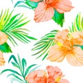 Hibiscus. Tropical plants seamless pattern and palm branches.. Exotic flower. Vector. Watercolor. Foliage. Royalty Free Stock Photo