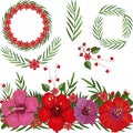 Hibiscus vector seamless brush. Round floral frame, floral elements. Exotic tropical plants, palm leaves, vector red hibiscus