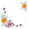 Hibiscus, yellow marigold rose and gomphrena flower wreath frame ornament in watercolor drawing.