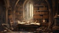 A hidden alcove in a castle library, where a worn manuscript reveals ancient tales and legends. Faded s depict scenes of epic