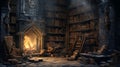 A hidden alcove in a castle library, where a worn manuscript reveals ancient tales