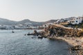 Hidden Beach and Platis Yialos beach on background in Mykonos, Greece Royalty Free Stock Photo