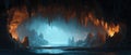Hidden cave interior with dramatic stalactite, stalagmite, glowing light, mysterious atmosphere Royalty Free Stock Photo
