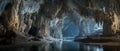 Hidden cave interior with dramatic stalactites, stalagmites, and tranquil underground river Royalty Free Stock Photo