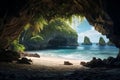 A hidden cave with a stunning beach inside realistic tropical background