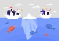 Hidden Danger Concept. Business Characters on Paper Boat Trying to Escape Attack of Huge Fish and Iceberg in Sea Royalty Free Stock Photo