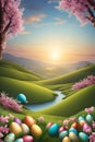 Hidden easter eggs at a field, with river, grass, blooming tree, flower, easter eve background, sunlight