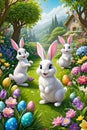 Hidden easter eggs in a lush garden, filled with blooming flowers and playful bunnies, joy, excitement, cartoon style, fairytale