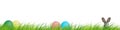 Hidden easter rabbit in a green meadow with colorful easter eggs isolated on white background