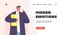 Hidden Emotions Landing Page Template. Depressed Anonymous Man, Hide Face under Happy Smiling Mask. Imposter Syndrome