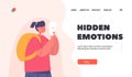 Hidden Emotions Landing Page Template. Sad Girl Character Hide Real Feelings Under Smiling Mask to Social Norms