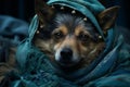 Hidden within the folds of a worn-out blanket, a stray dog's eyes betray a mix of curiosity and wariness. It Royalty Free Stock Photo