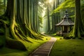 A hidden forest temple nestled among ancient trees, with moss-covered stones and a tranquil atmosphere perfect for meditation