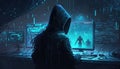 A hidden hacker sending out a wave of cybersabotage throughout a system. Cyberpunk art. AI generation