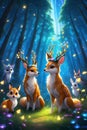 A hidden meadow with glittering fireflies, deer sporting flower crowns, foxes, rabbits celebrate new year in a magical, anime art