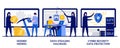 Hidden mining, data stealing malware, cyber security data protection concept with tiny people. Cyber crime vector illustration set