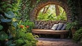 hidden nook in garden, tree arch and wooden garden bench