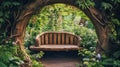 hidden nook in garden, tree arch and wooden garden bench in Thailand