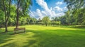 hidden nook in the garden, wooden garden bench on a grass lawn, beautiful alley in summer park Royalty Free Stock Photo