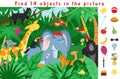 Hidden object puzzle. Kid learning game, find objects in jungle forest. School educational worksheet play, fun activity