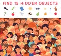 Hidden objects. Search items, find elements on picture. Kids mindful play, logic puzzle. Crowd of people, different